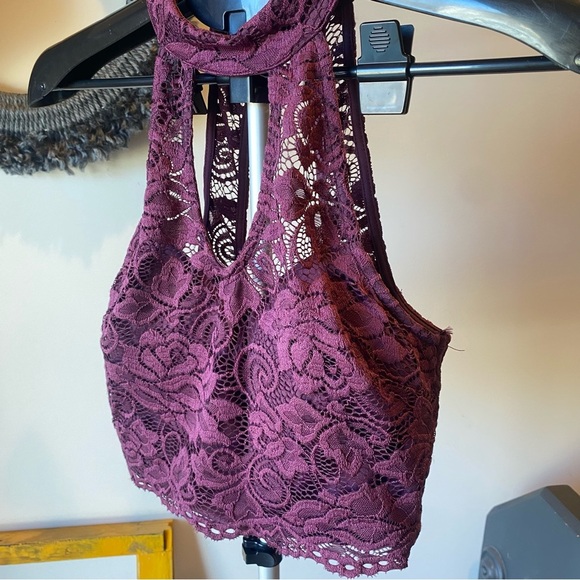 Lace Halter Crop Top in Burgundy - Picture 2 of 4